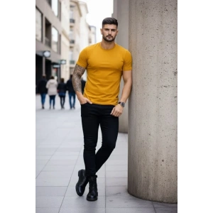 Erkek T-Shirt Bisiklet Yaka Slim Fit Dar Kesim Likralı Tişört Günlük Basic Body - Limon
