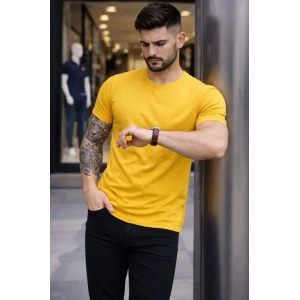 Erkek T-Shirt Bisiklet Yaka Slim Fit Dar Kesim Likralı Tişört Günlük Basic Body - Sarı