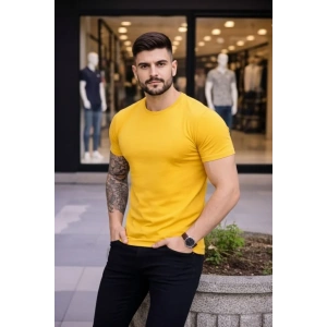 Erkek T-Shirt Bisiklet Yaka Slim Fit Dar Kesim Likralı Tişört Günlük Basic Body - Sarı