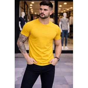 Erkek T-Shirt Bisiklet Yaka Slim Fit Dar Kesim Likralı Tişört Günlük Basic Body - Sarı