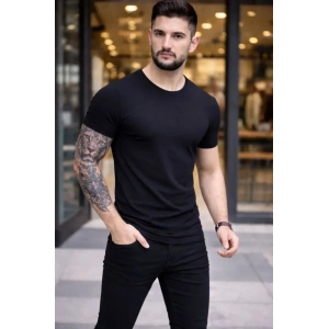 Erkek T-Shirt Bisiklet Yaka Slim Fit Dar Kesim Likralı Tişört Günlük Basic Body - Siyah
