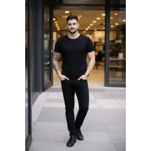 Erkek T-Shirt Bisiklet Yaka Slim Fit Dar Kesim Likralı Tişört Günlük Basic Body - Siyah