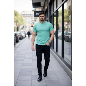 Erkek T-Shirt Bisiklet Yaka Slim Fit Dar Kesim Likralı Tişört Günlük Basic Body - Turkuvaz