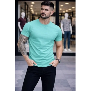 Erkek T-Shirt Bisiklet Yaka Slim Fit Dar Kesim Likralı Tişört Günlük Basic Body - Turkuvaz
