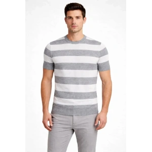 Erkek T-shirt Çizgili Triko Dokuma Bisiklet Yaka Tişört - Gri