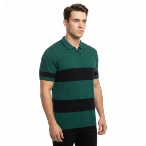 Erkek T-shirt Çizgili Triko Dokuma Kumaş Polo Yaka Yarım Fermuarlı Regular Kalıp Tişört - Çağla Yeşili
