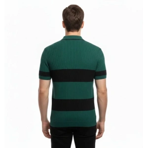 Erkek T-shirt Çizgili Triko Dokuma Kumaş Polo Yaka Yarım Fermuarlı Regular Kalıp Tişört - Çağla Yeşili