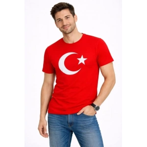 Erkek T-Shirt Kısa Kol Bisiklet Yaka Ay Yıldız Bayrak Baskılı Tişört - Kırmızı