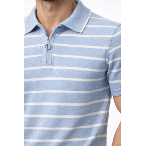 Erkek Triko Polo Yaka Fermuarlı Çizgili Tişört T-Shirt Yazlık Şık - Bebek Mavisi