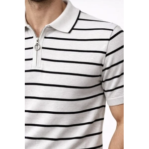 Erkek Triko Polo Yaka Fermuarlı Çizgili Tişört T-Shirt Yazlık Şık - Beyaz