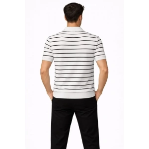 Erkek Triko Polo Yaka Fermuarlı Çizgili Tişört T-Shirt Yazlık Şık - Beyaz
