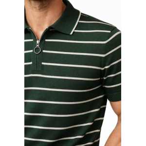 Erkek Triko Polo Yaka Fermuarlı Çizgili Tişört T-Shirt Yazlık Şık - Yeşil