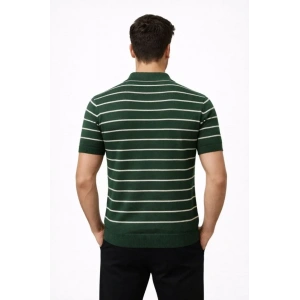 Erkek Triko Polo Yaka Fermuarlı Çizgili Tişört T-Shirt Yazlık Şık - Yeşil