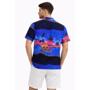 Erkek Tropikal Ada Manzara Desenli Kısa Kol Gömlek Hawaii Tarz Yazlık Rahat Kalıp - Desenli