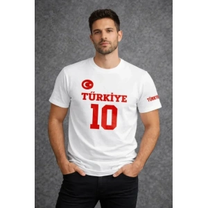 Erkek TÜRKİYE Ay Yıldız Baskılı 10 Numara Forma Tişört Taraftar T-Shirt - Beyaz
