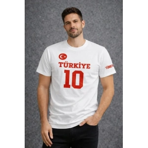 Erkek TÜRKİYE Ay Yıldız Baskılı 10 Numara Forma Tişört Taraftar T-Shirt - Beyaz
