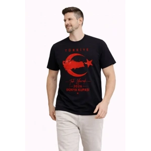 Erkek TÜRKİYE Ay Yıldız Baskılı Taraftar Forma T-Shirt - Siyah