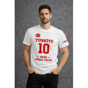 Erkek TÜRKİYE Baskılı Tişört 2026 Dünya Kupası Taraftar Forma T-Shirt - Beyaz