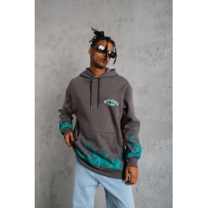 Erkek Üç İplik İçi Pamuklu Alev Baskılı Kapüşonlu Sweatshirt - Gri