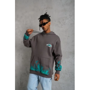 Erkek Üç İplik İçi Pamuklu Alev Baskılı Kapüşonlu Sweatshirt - Gri