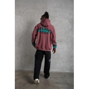 Erkek Üç İplik Içi Pamuklu Alev Baskılı Kapüşonlu Sweatshirt - Gül Kurusu