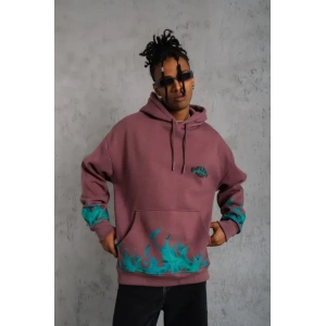 Erkek Üç İplik Içi Pamuklu Alev Baskılı Kapüşonlu Sweatshirt - Gül Kurusu