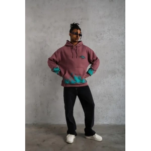 Erkek Üç İplik Içi Pamuklu Alev Baskılı Kapüşonlu Sweatshirt - Gül Kurusu