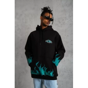 Erkek Üç İplik İçi Pamuklu Alev Baskılı Kapüşonlu Sweatshirt - Siyah