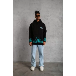 Erkek Üç İplik İçi Pamuklu Alev Baskılı Kapüşonlu Sweatshirt - Siyah