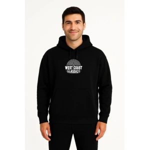 Erkek Üç İplik Kapüşonlu Ön Ve Arka Baskılı SweatShirt Hoodie - Siyah