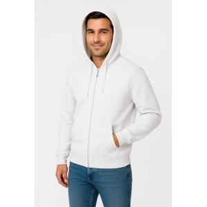 Erkek Üç İplik Kapüşonlu Tam Fermuarlı Kanguru Çepli SweatShirt Hoodie - Beyaz