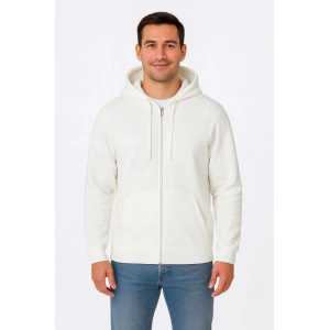 Erkek Üç İplik Kapüşonlu Tam Fermuarlı Kanguru Çepli SweatShirt Hoodie - Beyaz
