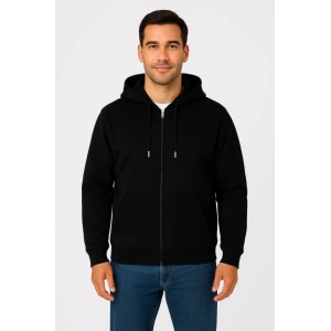 Erkek Üç İplik Kapüşonlu Tam Fermuarlı Kanguru Çepli SweatShirt Hoodie - Siyah