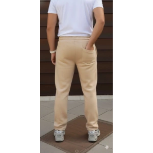 Erkek Üç Iplik Kışlık Pamuklu Ovarsize Bağcıklı Düz Paça Cepli Eşofman Altı Spor Rahat Model - Bej
