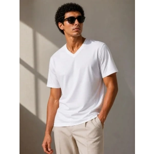 Erkek V Yaka Basic Tişört Kısa Kol Yazlık Regular Fit T-Shirt - Beyaz