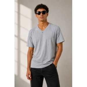 Erkek V Yaka Basic Tişört Kısa Kol Yazlık Regular Fit T-Shirt - Gri