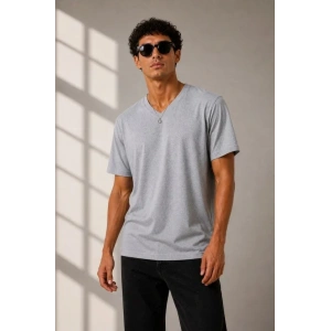 Erkek V Yaka Basic Tişört Kısa Kol Yazlık Regular Fit T-Shirt - Gri