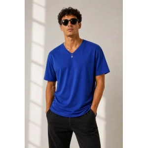 Erkek V Yaka Basic Tişört Kısa Kol Yazlık Regular Fit T-Shirt - Saks Mavisi