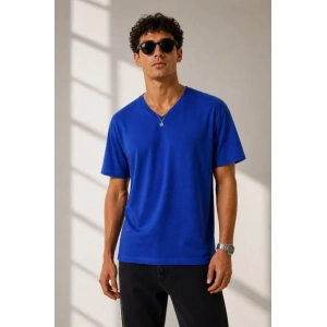 Erkek V Yaka Basic Tişört Kısa Kol Yazlık Regular Fit T-Shirt - Saks Mavisi