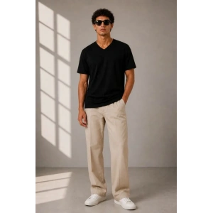 Erkek V Yaka Basic Tişört Kısa Kol Yazlık Regular Fit T-Shirt - Siyah
