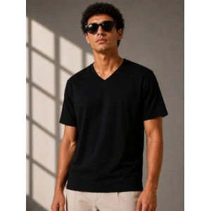 Erkek V Yaka Basic Tişört Kısa Kol Yazlık Regular Fit T-Shirt - Siyah