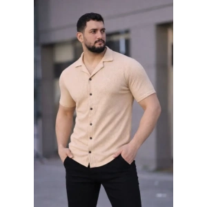 Erkek Waffle Dokuma Açık Yakalı Düğmeli Regular Kalıp 2’li Gömlek Seti - Haki - Bej