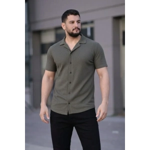 Erkek Waffle Dokuma Açık Yakalı Düğmeli Regular Kalıp 2’li Gömlek Seti - Haki - Bej