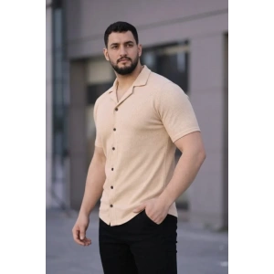 Erkek Waffle Kumaş Kısa Kollu Düğmeli Açık Yaka Regular Fit Gömlek - Bej