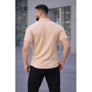 Erkek Waffle Kumaş Kısa Kollu Düğmeli Açık Yaka Regular Fit Gömlek - Bej