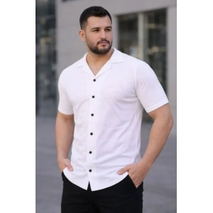 Erkek Waffle Kumaş Kısa Kollu Düğmeli Açık Yaka Regular Fit Gömlek - Beyaz