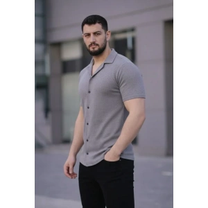 Erkek Waffle Kumaş Kısa Kollu Düğmeli Açık Yaka Regular Fit Gömlek - Gri