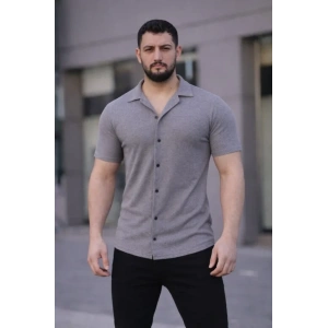 Erkek Waffle Kumaş Kısa Kollu Düğmeli Açık Yaka Regular Fit Gömlek - Gri