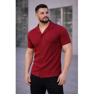 Erkek Waffle Kumaş Kısa Kollu Düğmeli Açık Yaka Regular Fit Gömlek - Kırmızı
