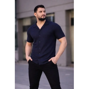 Erkek Waffle Kumaş Kısa Kollu Düğmeli Açık Yaka Regular Fit Gömlek - Lacivert